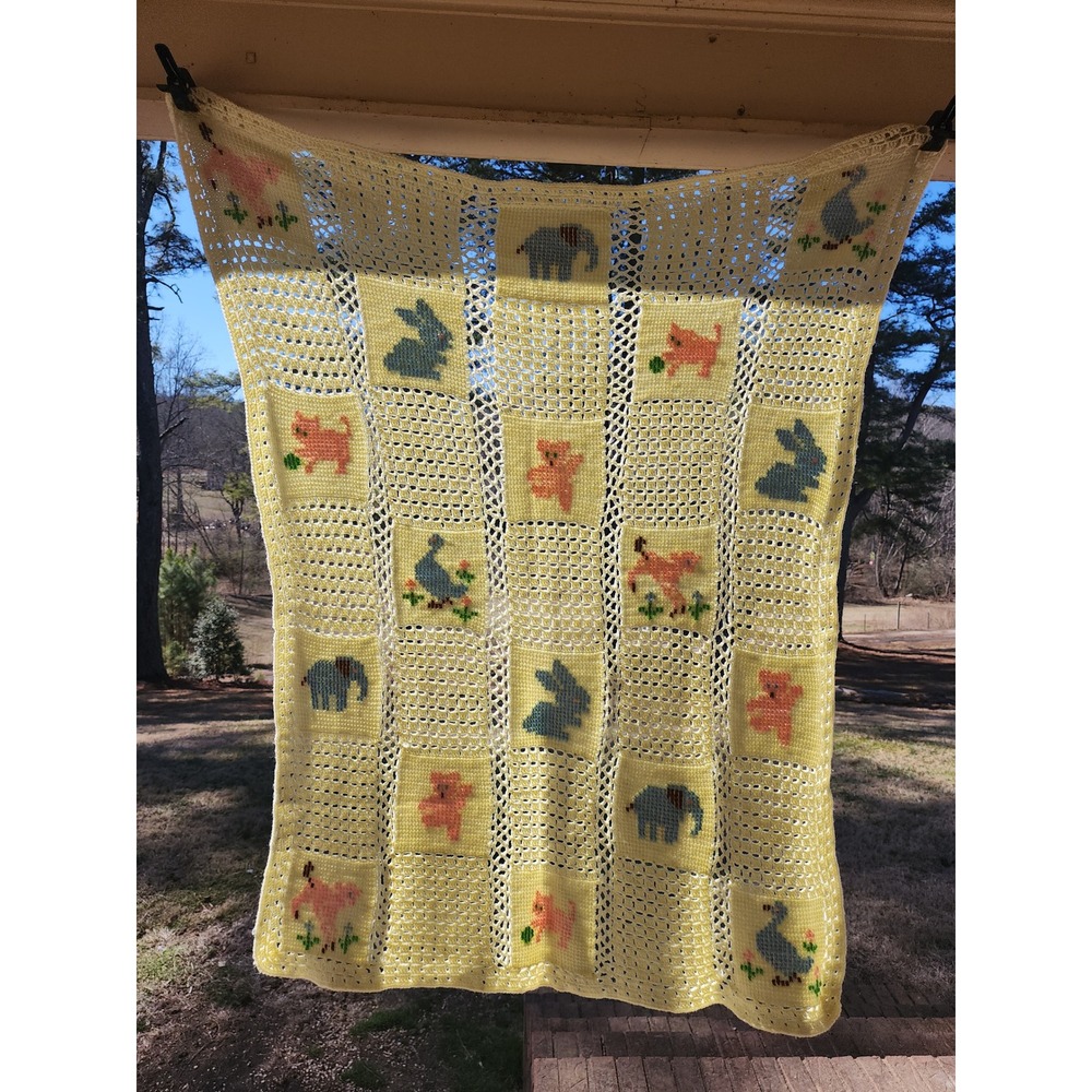 Vintage Handmade Crochet Baby Blanket Yellow Animal Cross Stitch Afghan Nursery